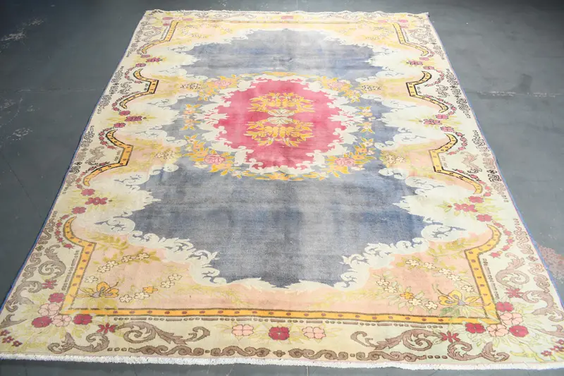 Alfombra turca vintage Oushak de 8,5x11,4 pies, alfombra de lana Ikat de gran tamaño azul - 1