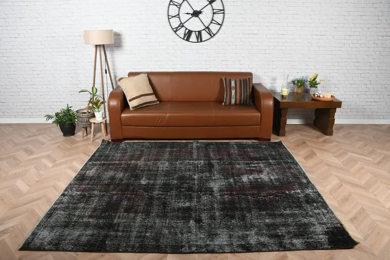 Vintage Türk Halısı, 6.4x7.4 ft Büyük Halı, Siyah Gri Oryantal Halı - 1