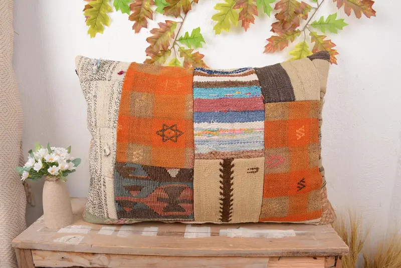 Orange & Bronze Patchwork Throw Pillow, 20x28 Handmade Cushion