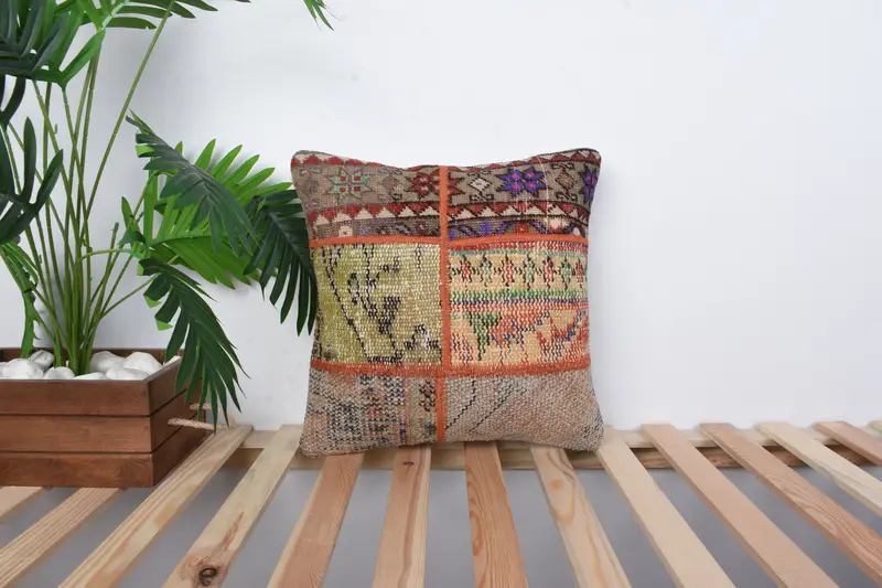 Pillow Cover, 16x16 Green Pillow Cover, Bed Pillow Case, Throw Kilim Pillow, Vintage Kilim Pillow, Turkish Corner Pillow, Boho Pillow - 1