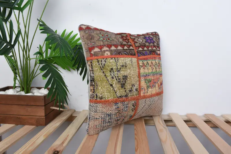 Pillow Cover, 16x16 Green Pillow Cover, Bed Pillow Case, Throw Kilim Pillow, Vintage Kilim Pillow, Turkish Corner Pillow, Boho Pillow - 4