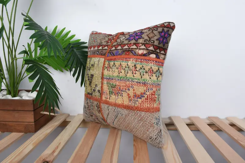 Pillow Cover, 16x16 Green Pillow Cover, Bed Pillow Case, Throw Kilim Pillow, Vintage Kilim Pillow, Turkish Corner Pillow, Boho Pillow - 5
