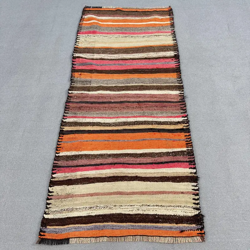 Türk 2.5x6.1 ft Accent Halı, Vintage Halı, Kilim Turuncu Çiçekli Halı - 1