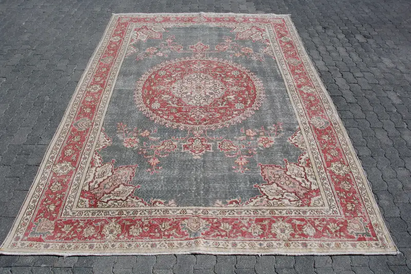 7.5x10.8 ft Vintage Turkish Rug, Oversize Rug, Red Gray Abstract Wool Rug - 1
