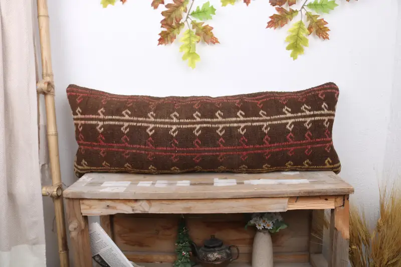 Red & Brown Geometric Linen Throw Pillow, Handmade Vintage Pillow