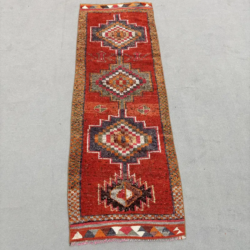 2.7x8.2 ft Herki Rug, Turkish Vintage Rug, Red Orange Ombré Rug - 1