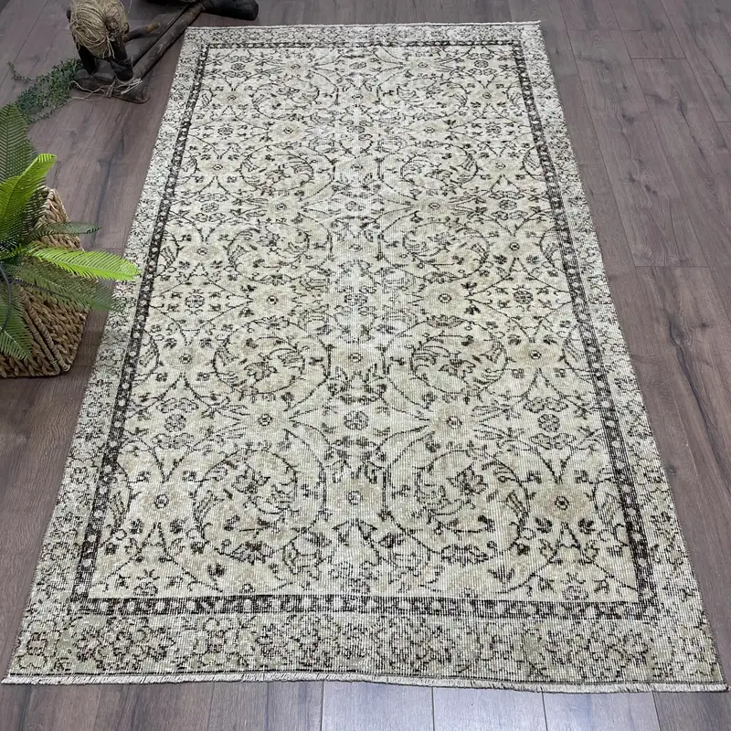 4.1x7.4 ft Oushak Turkish Rug, Gray Southwestern Vintage Rug Wool - 1