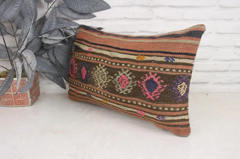 Shabby Chic Pillow Sham, 12x20 Brown Cushion Case, Boho Pillow, Cushion Case, Vintage Kilim Pillow, Interior Designer Pillow, Bench Pillow Sham - 4