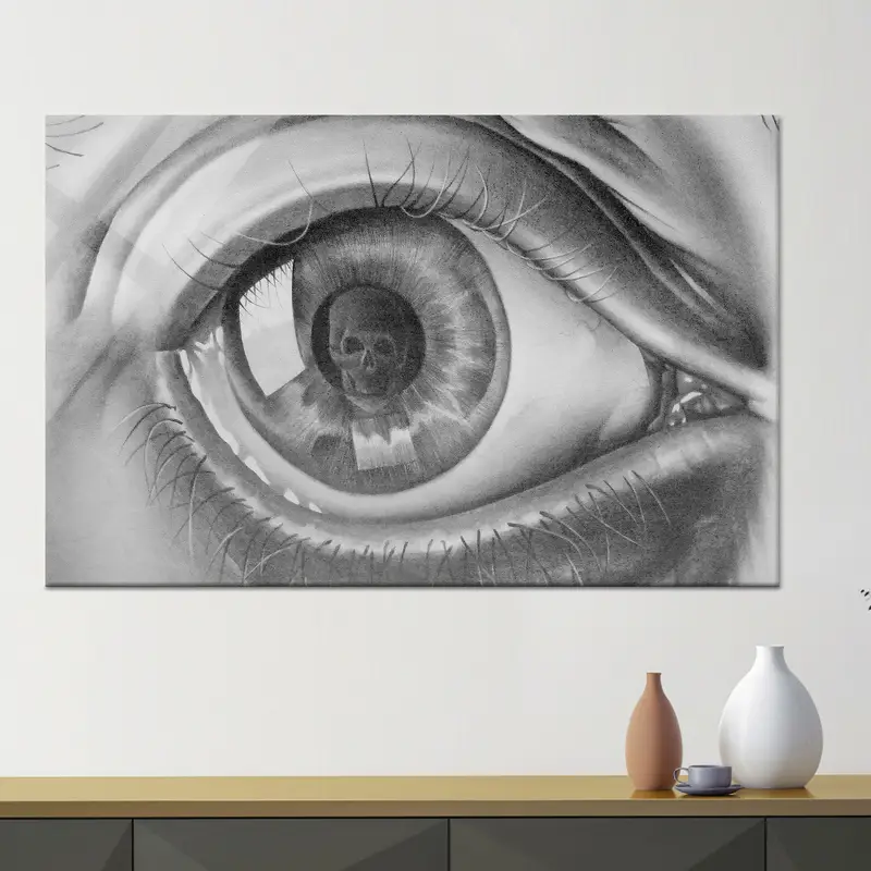 Lienzo surrealista moderno: arte de calavera con ojos inspirado en Escher