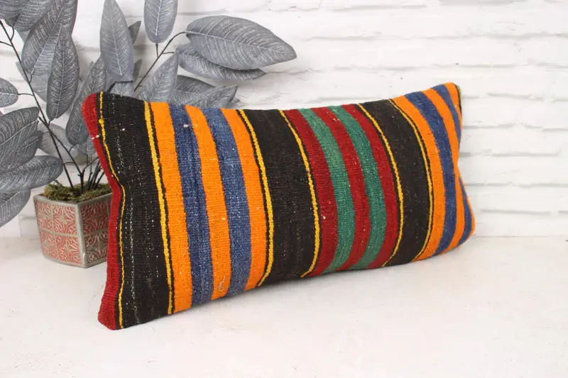 Pattern Throw Pillow Sham, Handmade Kilim Cushion, Pillow Cover, 12x24 Orange Pillow Sham, Vintage Kilim Throw Pillow, Boho Pillow Sham Cover - 3