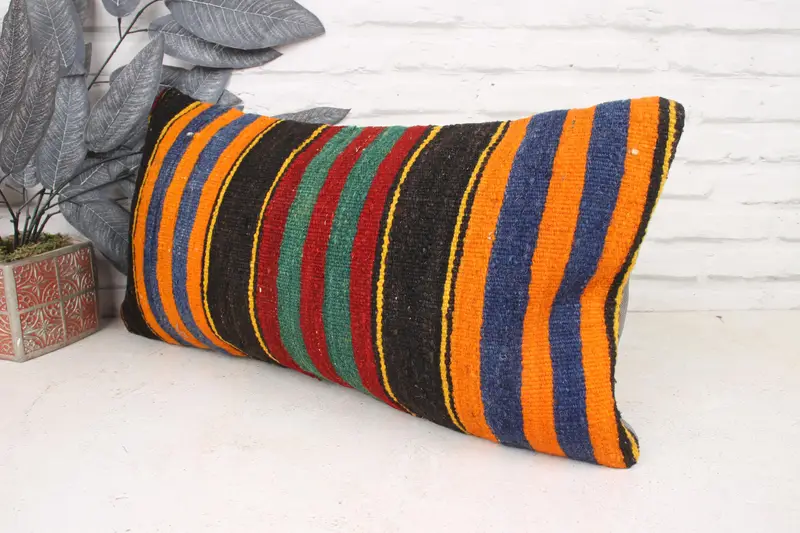 Pattern Throw Pillow Sham, Handmade Kilim Cushion, Pillow Cover, 12x24 Orange Pillow Sham, Vintage Kilim Throw Pillow, Boho Pillow Sham Cover - 4