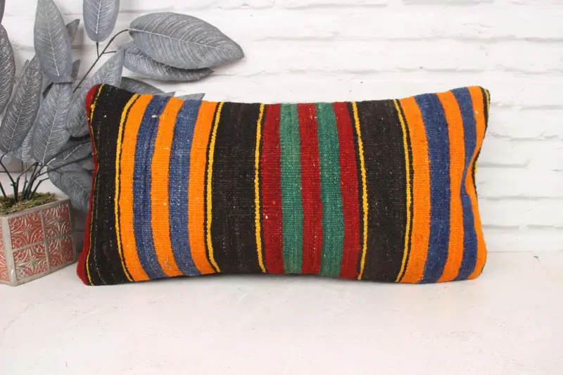 Pattern Throw Pillow Sham, Handmade Kilim Cushion, Pillow Cover, 12x24 Orange Pillow Sham, Vintage Kilim Throw Pillow, Boho Pillow Sham Cover - 1