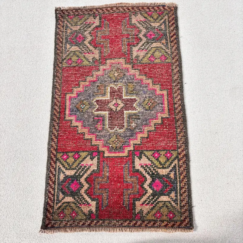 Turkish Oushak Rug 1.8x3.1 ft (55x93 cm), Red Southwestern Vintage Rug - 1