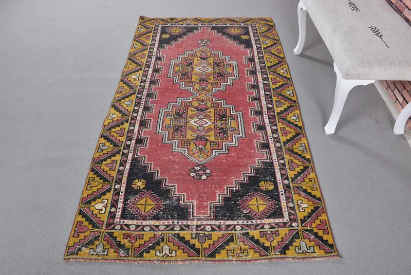 Red Oriental Rug, 3.7x6.9 ft with Yellow Accents