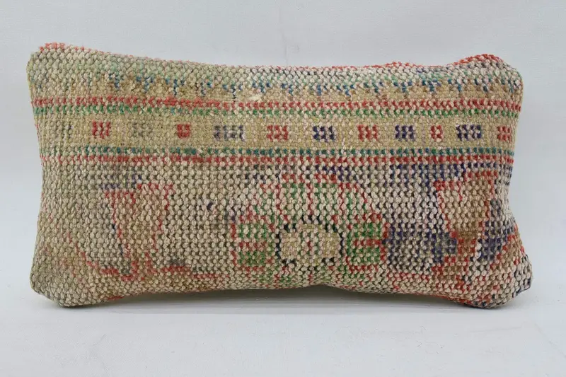 Antique Pillows, Southwestern Cushion Case, Vintage Pillow, 8x16 Beige Pillow Cover, Cushion, Kilim Cushion Sham, Bolster Throw Pillow Sham - 1