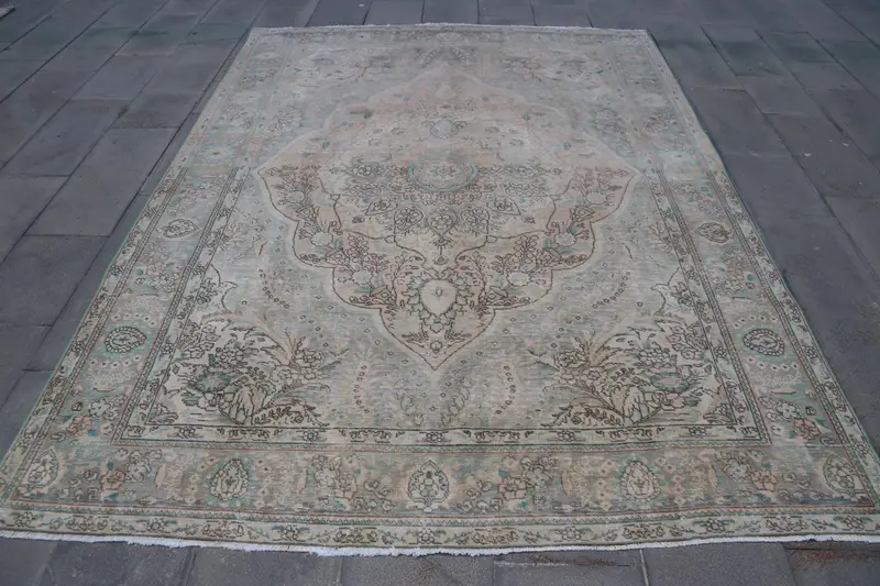 6,8x9,1 ft türkischer Oushak-Teppich, Vintage-Teppich, blauer floraler Wollteppich - 1