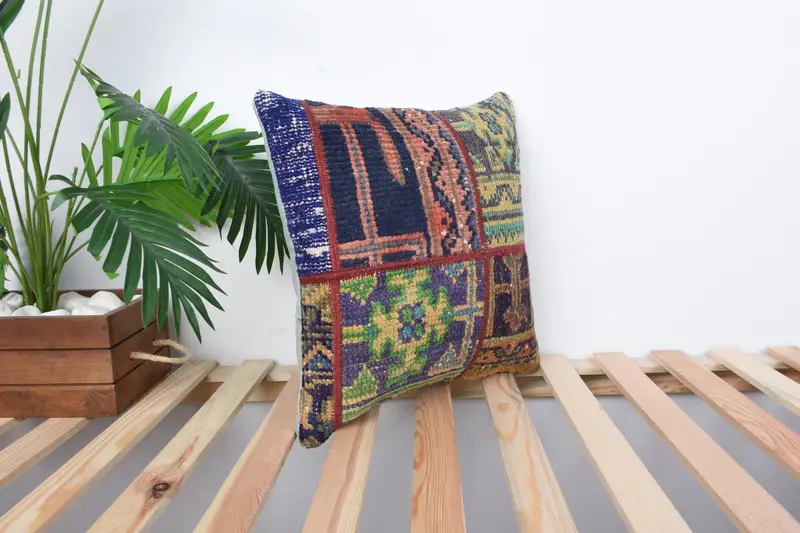 Handwoven Cushion Case, 16x16 Blue Pillow Sham, Lounge Throw Pillow Cover, Cushion Case, Vintage Pillow, Home Decor Pillow, Pillow for Couch - 4