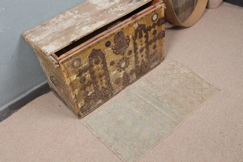 グリーン & ベージュ ペルシャ絨毯、1.5x2.7 フィート エレガントな装飾