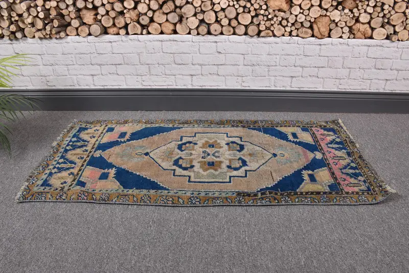Türk Vintage Halısı 1.6x3.5 ft (49x108 cm), Oushak Mavi Bordürlü Halı - 1