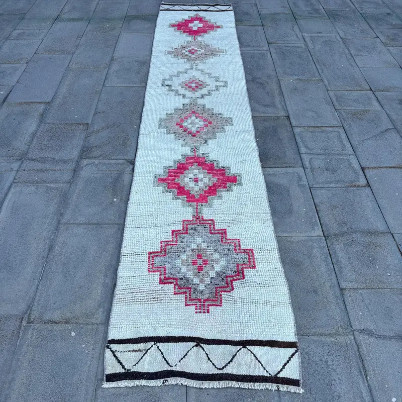 Turkish Vintage Oushak Runner Rug 2.2x11.5 ft, White Solid Rug Wool - 1