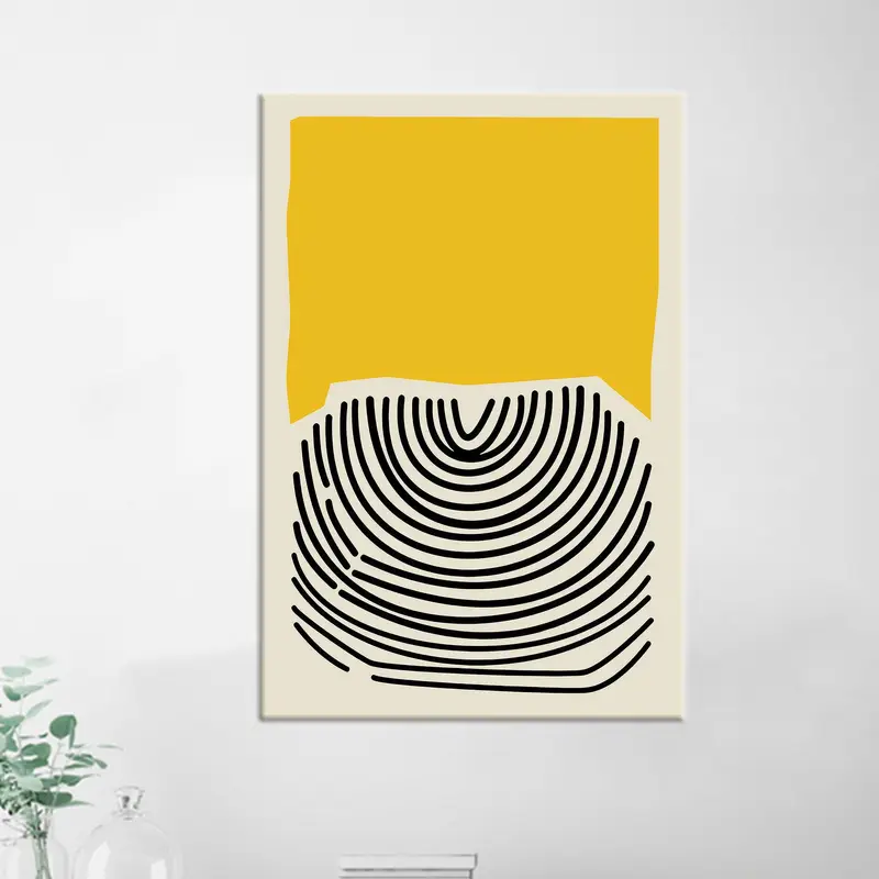 Minimale abstrakte Boho-Leinwand: Elegantes gelb bedrucktes Kunstwerk