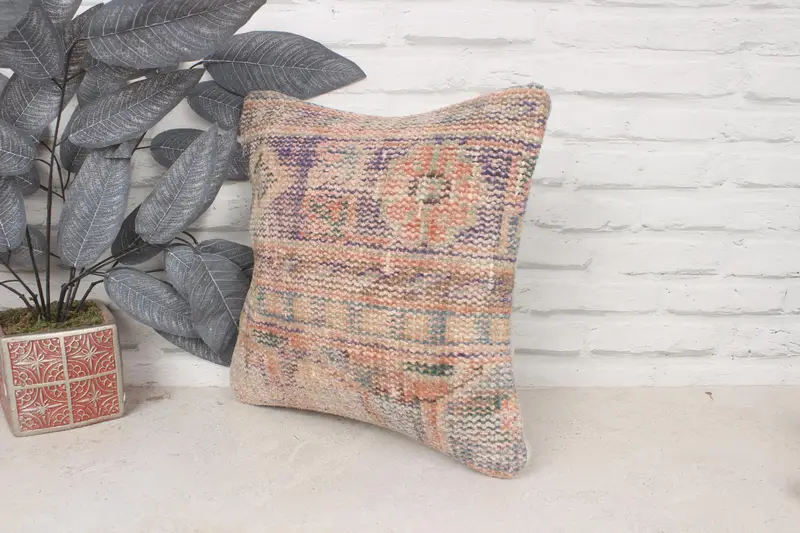 Wool Kilim Pillow Pillow Case, Turkish Pillow, Vintage Kilim Pillow, 14x14 Blue Pillow Sham, Pillow Sham, Handmade Kilim Cushion - 4