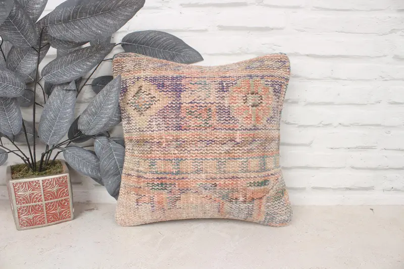Wool Kilim Pillow Pillow Case, Turkish Pillow, Vintage Kilim Pillow, 14x14 Blue Pillow Sham, Pillow Sham, Handmade Kilim Cushion - 1