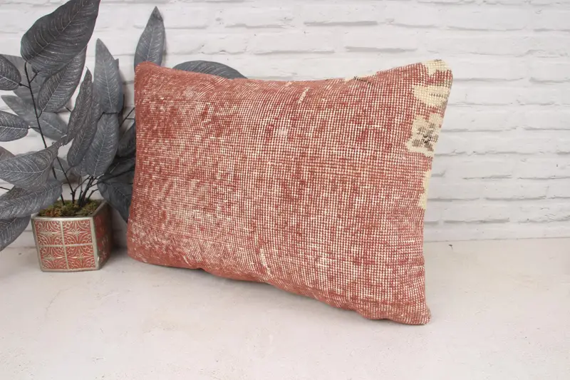 Vintage Kilim Pillow, Crochet Pattern Pillow Cover, 16x24 Orange Pillow, Muted Cushion Case, Pillow for Couch, Throw Kilim Pillow, Pillow Sham - 4