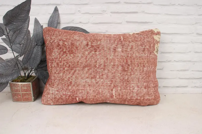 Vintage Kilim Pillow, Crochet Pattern Pillow Cover, 16x24 Orange Pillow, Muted Cushion Case, Pillow for Couch, Throw Kilim Pillow, Pillow Sham - 1
