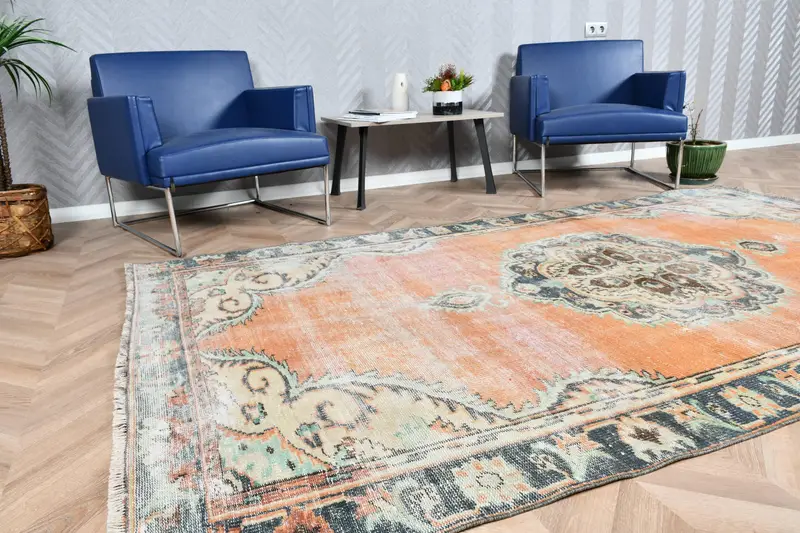 Alfombra turca vintage, alfombra Oushak de 5,4x9,1 pies, alfombra de lana con borde azul naranja - 1