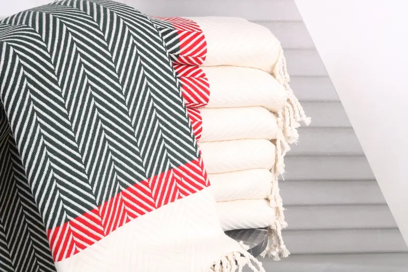 Turkish Towel Bulk Red-Dark Green Chevron, 38x83 Inches