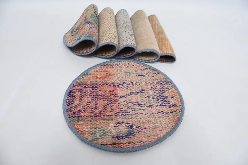 Blaues und beiges Kelim-Tischset-Set, handgefertigte Tischsets aus türkischer Wolle