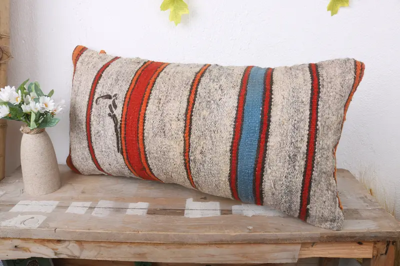 Comfy Throw Cushion Case, Boho Pillow Sham Cover, Cushion Case, Antique Pillows, Authentic Cushion Cover, Kilim Pillow, 12x24 Orange Pillow Case - 4