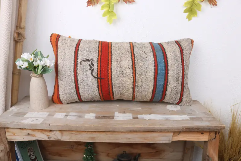 Comfy Throw Cushion Case, Boho Pillow Sham Cover, Cushion Case, Antique Pillows, Authentic Cushion Cover, Kilim Pillow, 12x24 Orange Pillow Case - 1