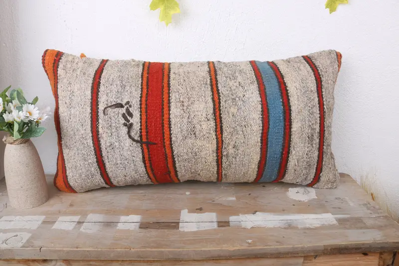 Comfy Throw Cushion Case, Boho Pillow Sham Cover, Cushion Case, Antique Pillows, Authentic Cushion Cover, Kilim Pillow, 12x24 Orange Pillow Case - 2