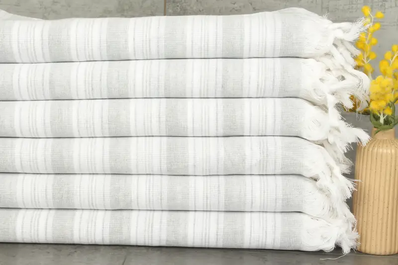 Turkish Beach Blanket Gray Striped Towel, Organic Cotton, 40x71 Inches