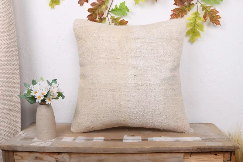 Natural Cushion, Ethnical Kilim Rug Pillow, Vintage Kilim Throw Pillow, Gift Pillow, Cushion Case, 18x18 Beige Pillow Cover, Chair Cushion Cover - 1