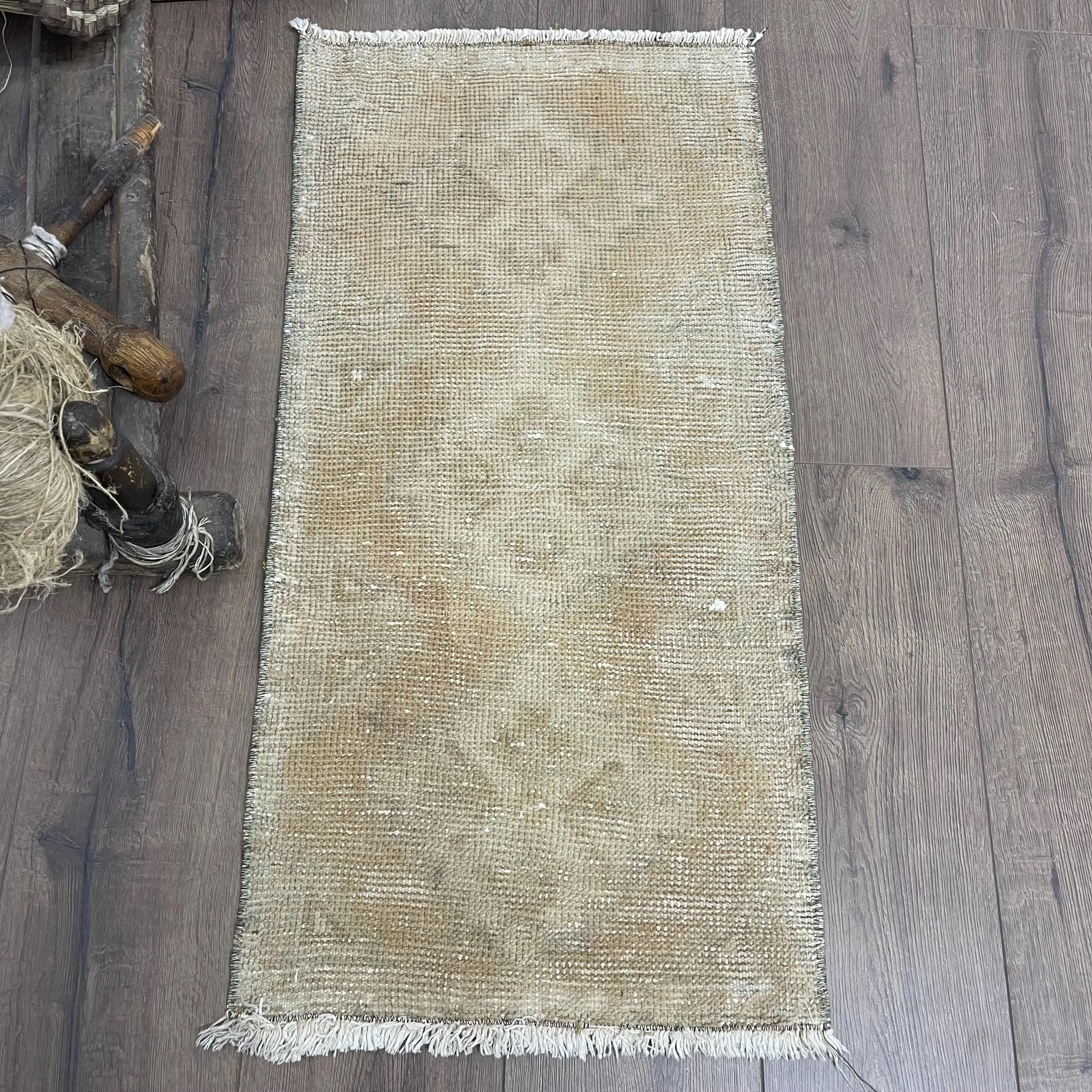 Vintage Rug 1.4x3 ft (44x92 cm), Brown Camouflage Turkish Rug - 1