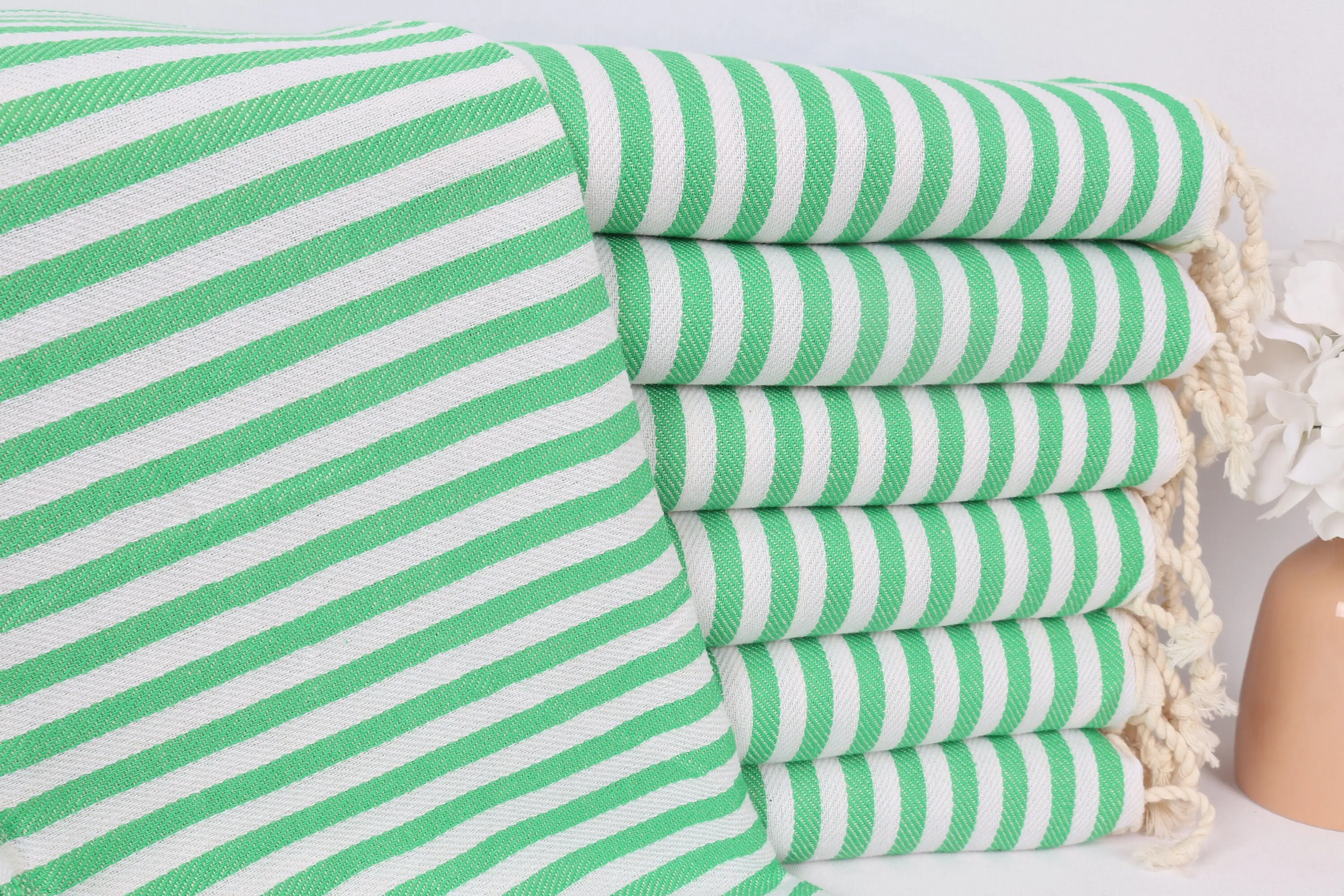 Bridesmaid Gift Green Cotton Dish Towel Striped, 18x40 Inches - 1