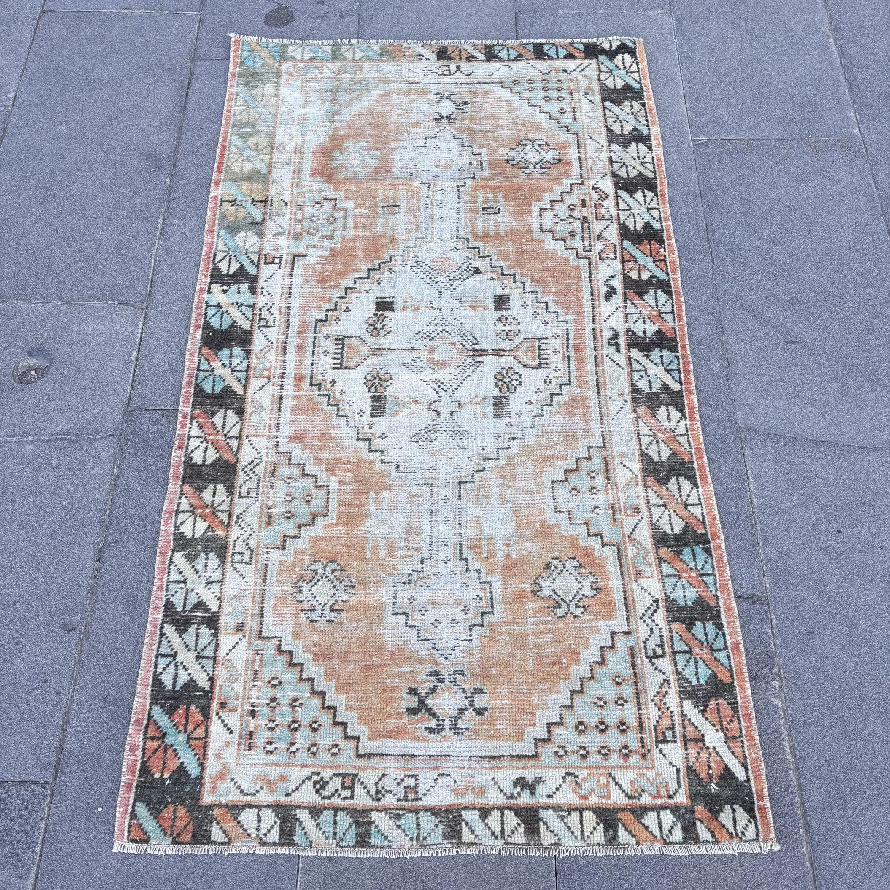 Vintage Rug 2.6x4.5 ft, Brown Orange Animal Print Wool Turkish Rug - 1