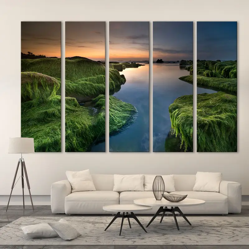 Nature Canvas Decor, Landscape Wall Art Canvas, Green And Blue Canvas Print, Wall Hanging Decor, Sunset Canvas Painting, Stream Wall Art - 4