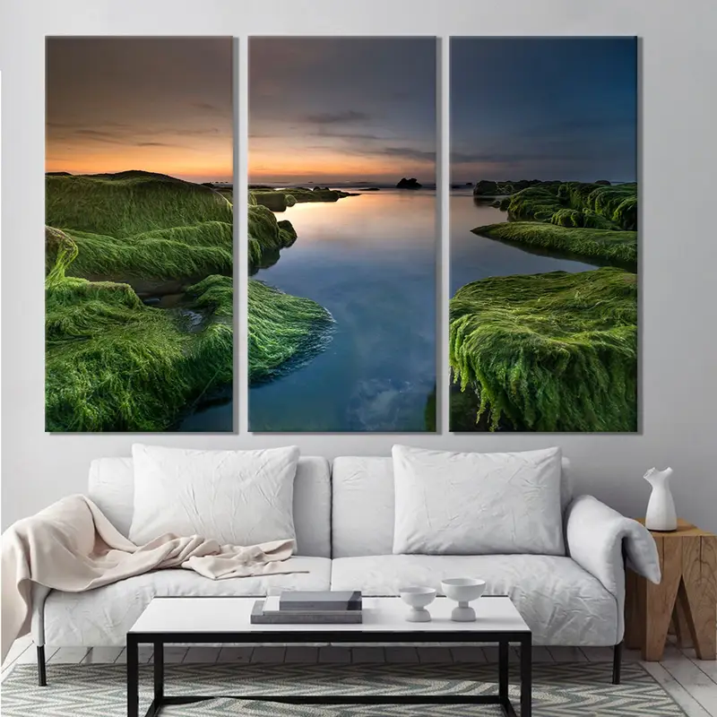 Nature Canvas Decor, Landscape Wall Art Canvas, Green And Blue Canvas Print, Wall Hanging Decor, Sunset Canvas Painting, Stream Wall Art - 2