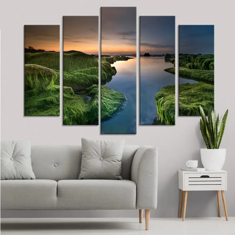 Nature Canvas Decor, Landscape Wall Art Canvas, Green And Blue Canvas Print, Wall Hanging Decor, Sunset Canvas Painting, Stream Wall Art - 5