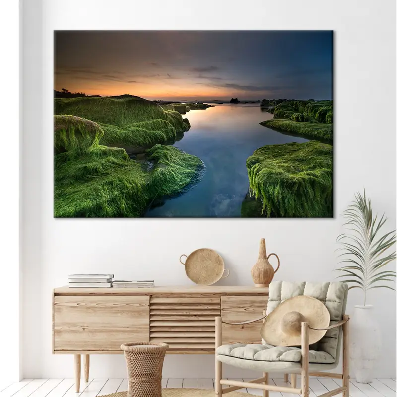 Nature Canvas Decor, Landscape Wall Art Canvas, Green And Blue Canvas Print, Wall Hanging Decor, Sunset Canvas Painting, Stream Wall Art - 1