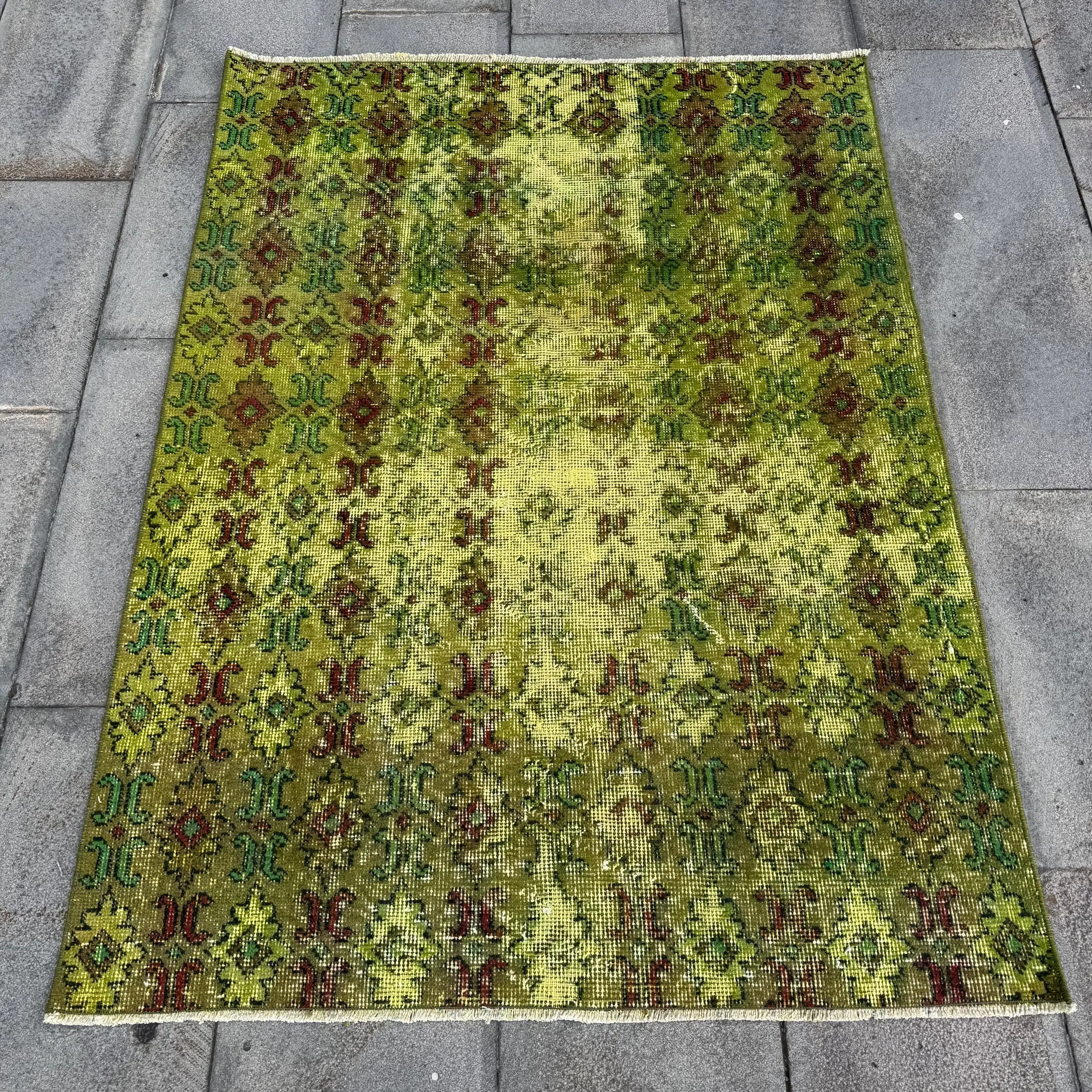 Rug, 3.5x4.9 ft Vintage Rug, Green Ikat Rug Wool - 1