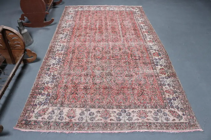 5.2x9.2 ft Rug, Turkish Vintage Rug, Red Floral Wool Rug - 1