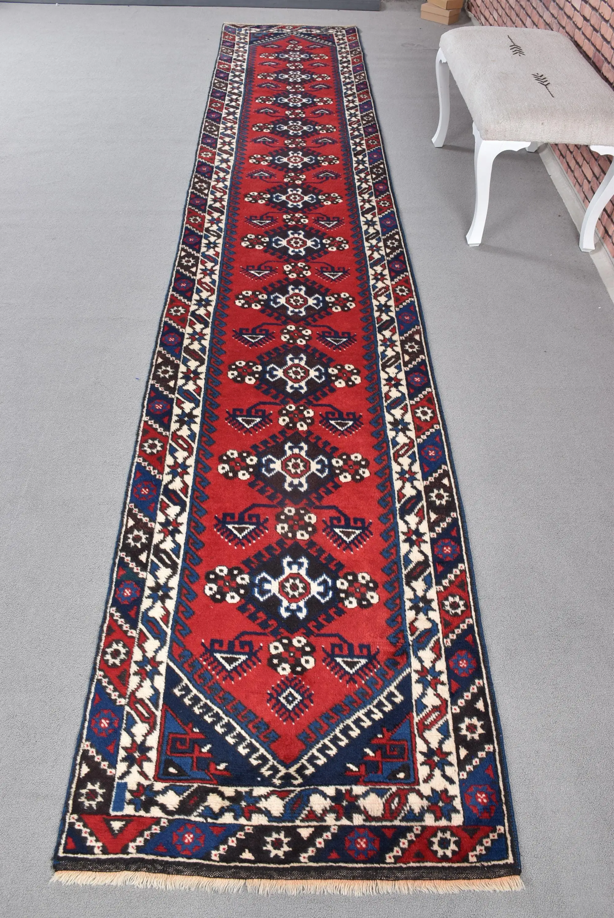 2.6x14.6 ft Runner Vintage Rug, Turkish Rug, Red Blue Moroccan Wool Rug - 1