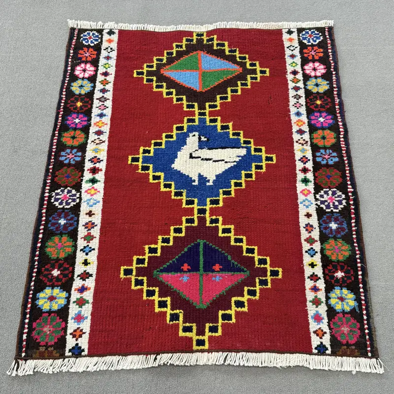 Oushak Vintage Rug, 2.7x3 ft Turkish Rug, Red Solid Wool Rug - 1