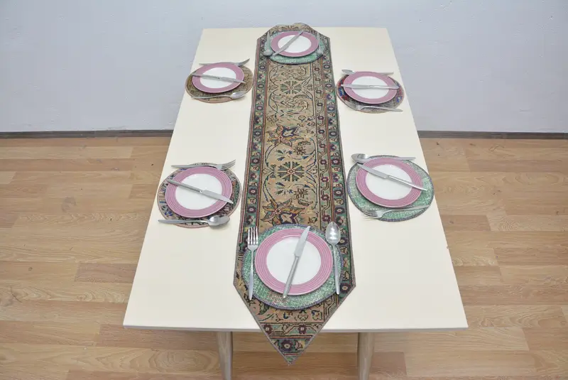 アールデコボヘミアンブルー&ブラウン長方形プレースマット、ボヘミアン風テーブルデコレーション