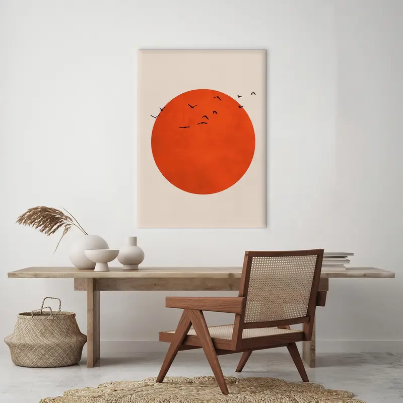Minimal Canvas Art, Japanese Wall Decor, Orange Canvas Art, Boho Wall Hanging, Trendy Canvas Decor, Birds Artwork, Abstract Art Decor, - 4